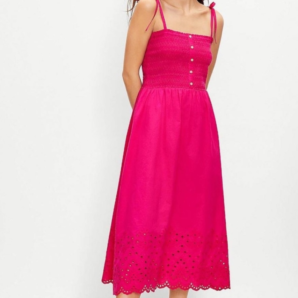 Hot pink summer dress spaghetti strap shirted cotton midi Ann Taylor Lof…